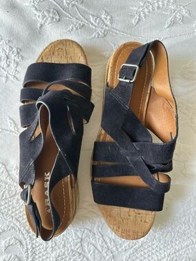 Trask Navy Blue Suede Cork Wedge Sandals - Strappy Comfort Espadrille